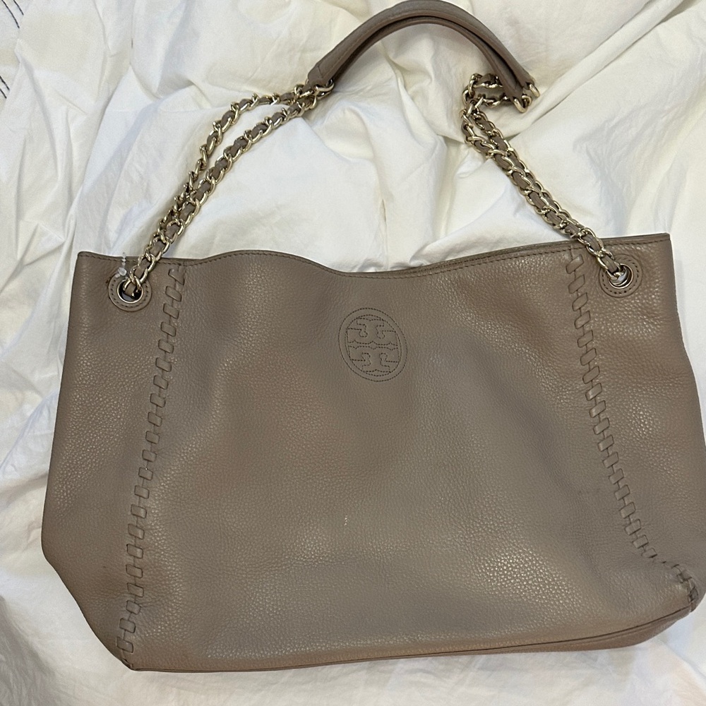 Tory Burch Taupe Leather Chain Strap Tote